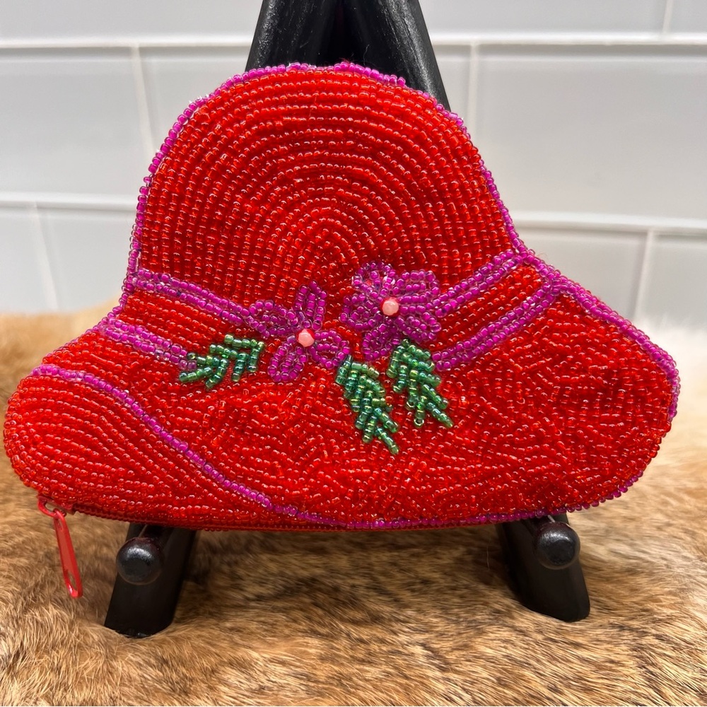 Vintage Red Hatter's Christmas Motif Beaded Coin Purse Red Hat Society